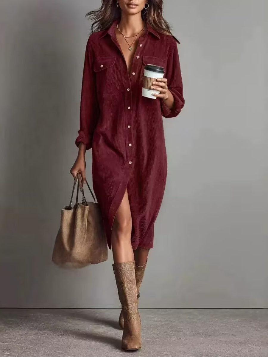 Corduroy Button-Front Midi Shirt Dress with Pockets