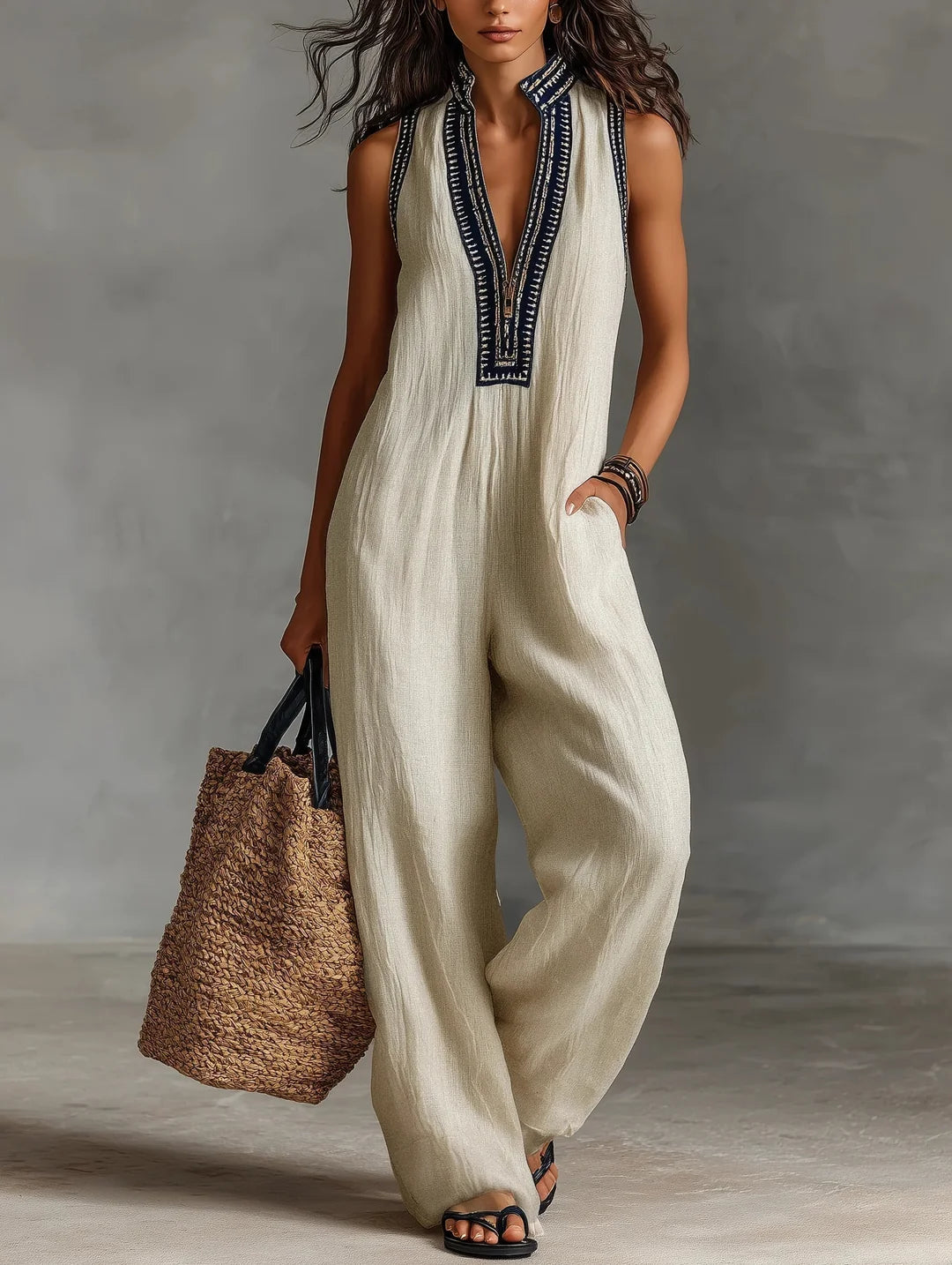Embroidered V-Neck Sleeveless Wide-Leg Jumpsuit