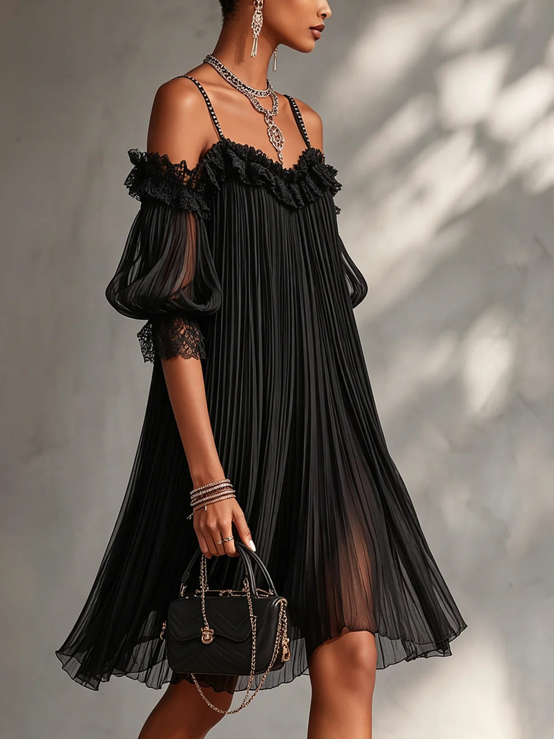 Lace Trim Pleated Mini Dress