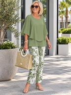 Elegant Green Two-Piece Set: Layered Top & Leaf Print Pants