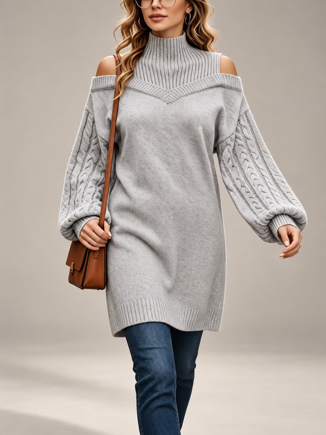 Cable Knit Cold Shoulder Sweater Dress