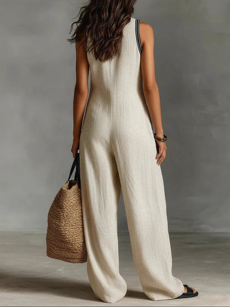Embroidered V-Neck Sleeveless Wide-Leg Jumpsuit