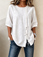 Floral Embroidery Lace-Trim Half Sleeve Blouse