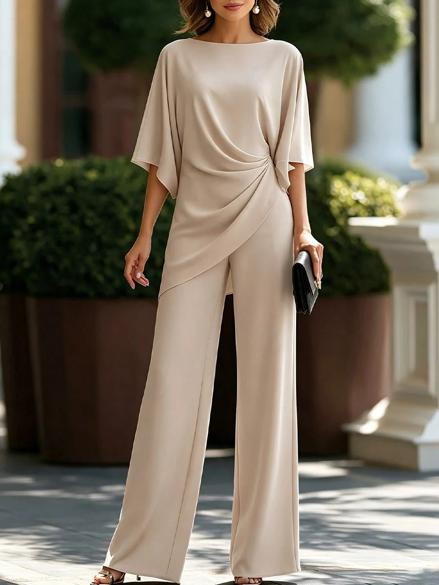 Draped Blouse and Wide Leg Pants Set