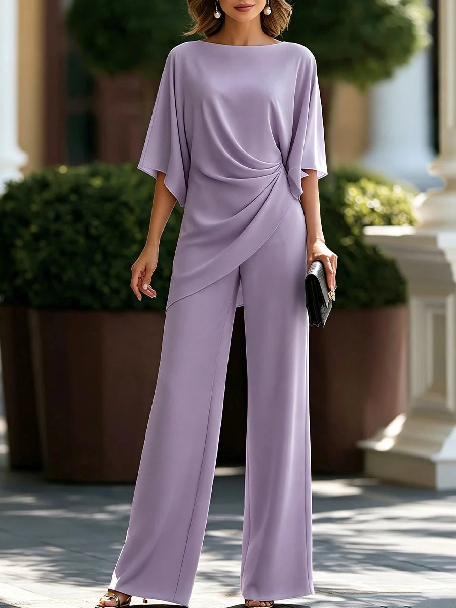 Draped Blouse and Wide Leg Pants Set