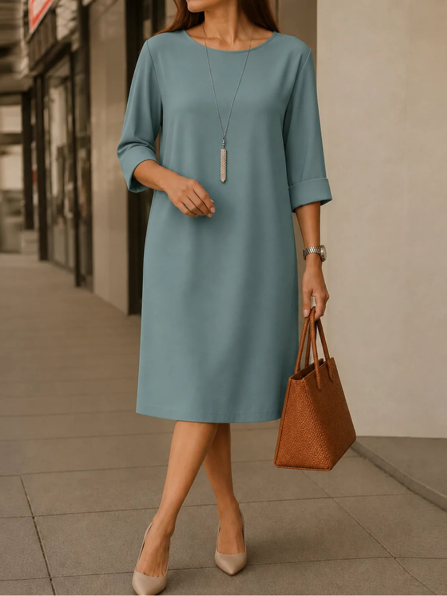 Tummy-Contouring Midi Dress with Roll-Tab Sleeves & Pockets