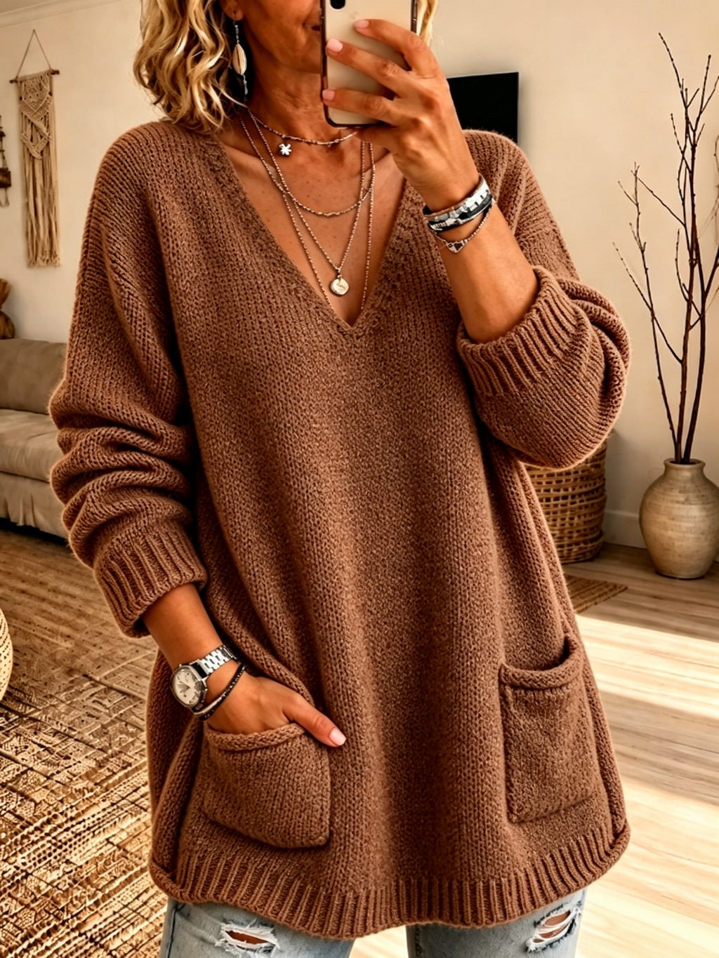 Chic V-Neck Pocket Knit Sweater