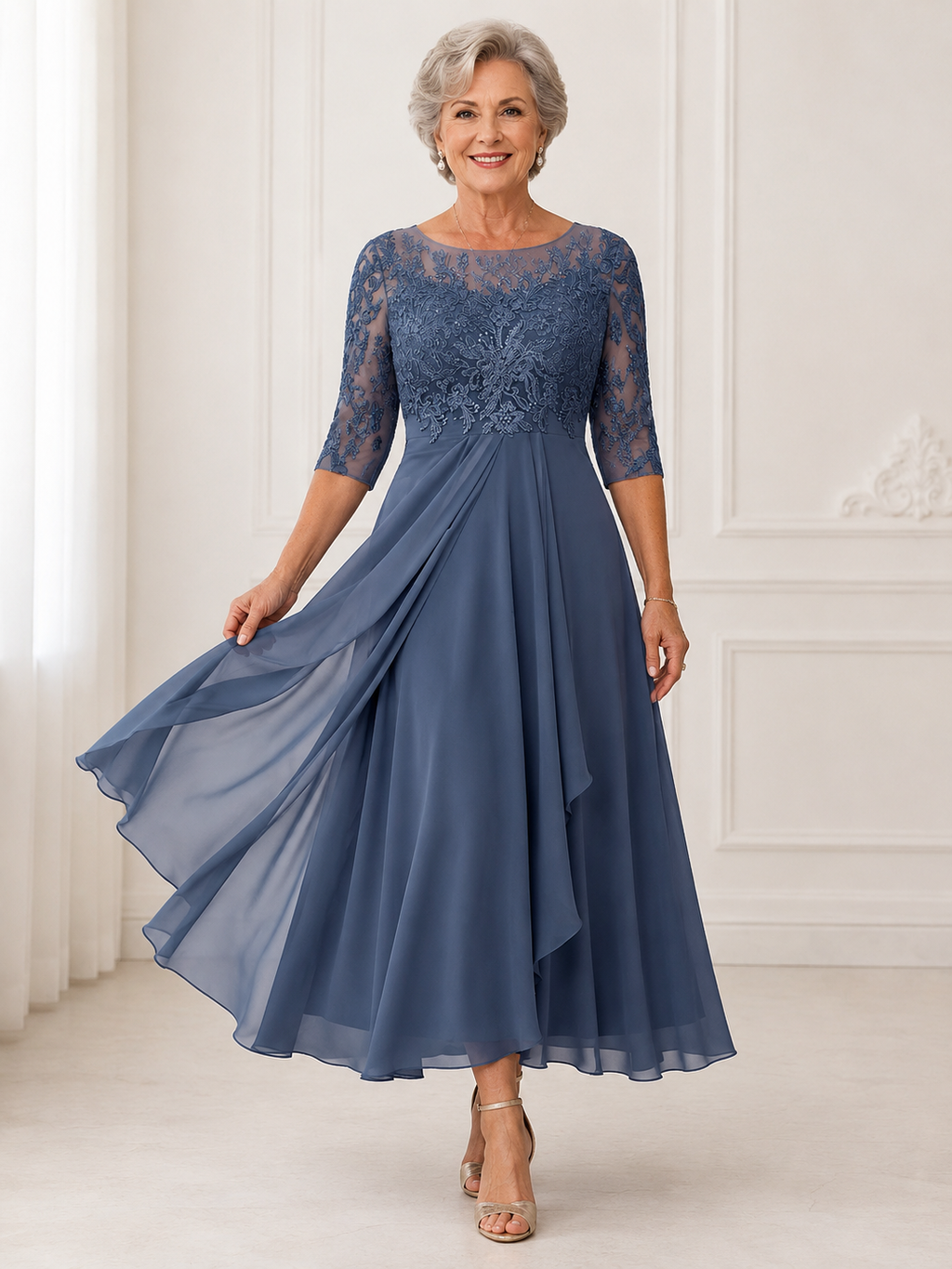 Elegant Lace Half-Sleeve Wedding Guest Midi Dress