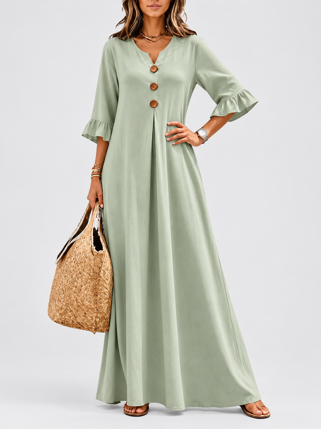 Boho A-Line Maxi Dress with Wooden Buttons and Ruffle Detail