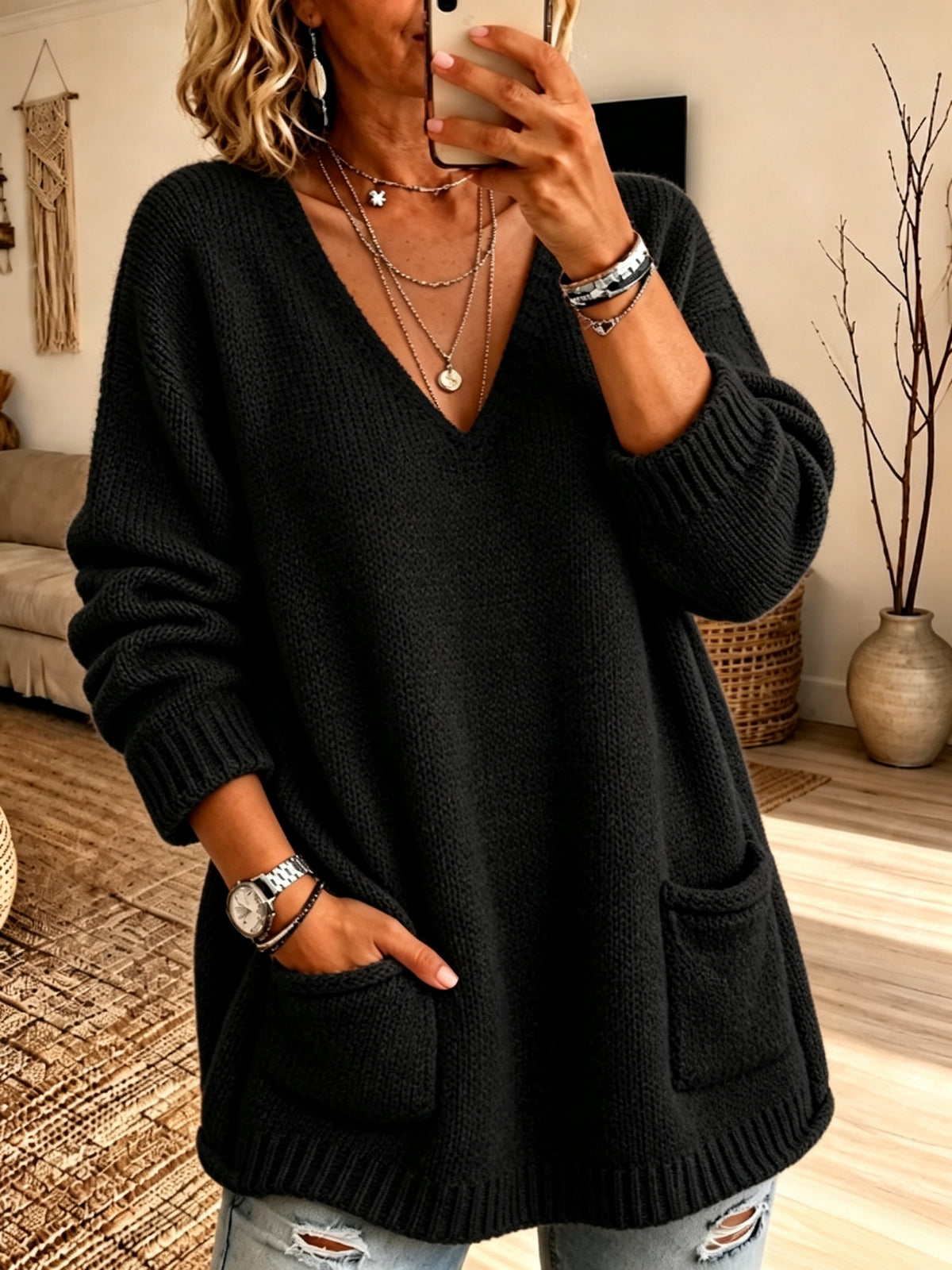 Chic V-Neck Pocket Knit Sweater
