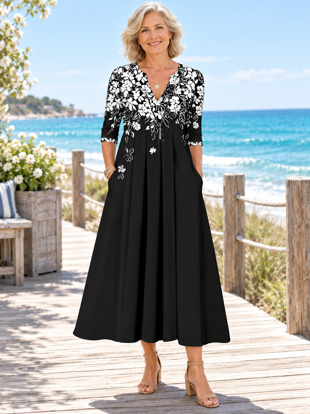 Floral Print V-Neck Relaxed Midi Dress