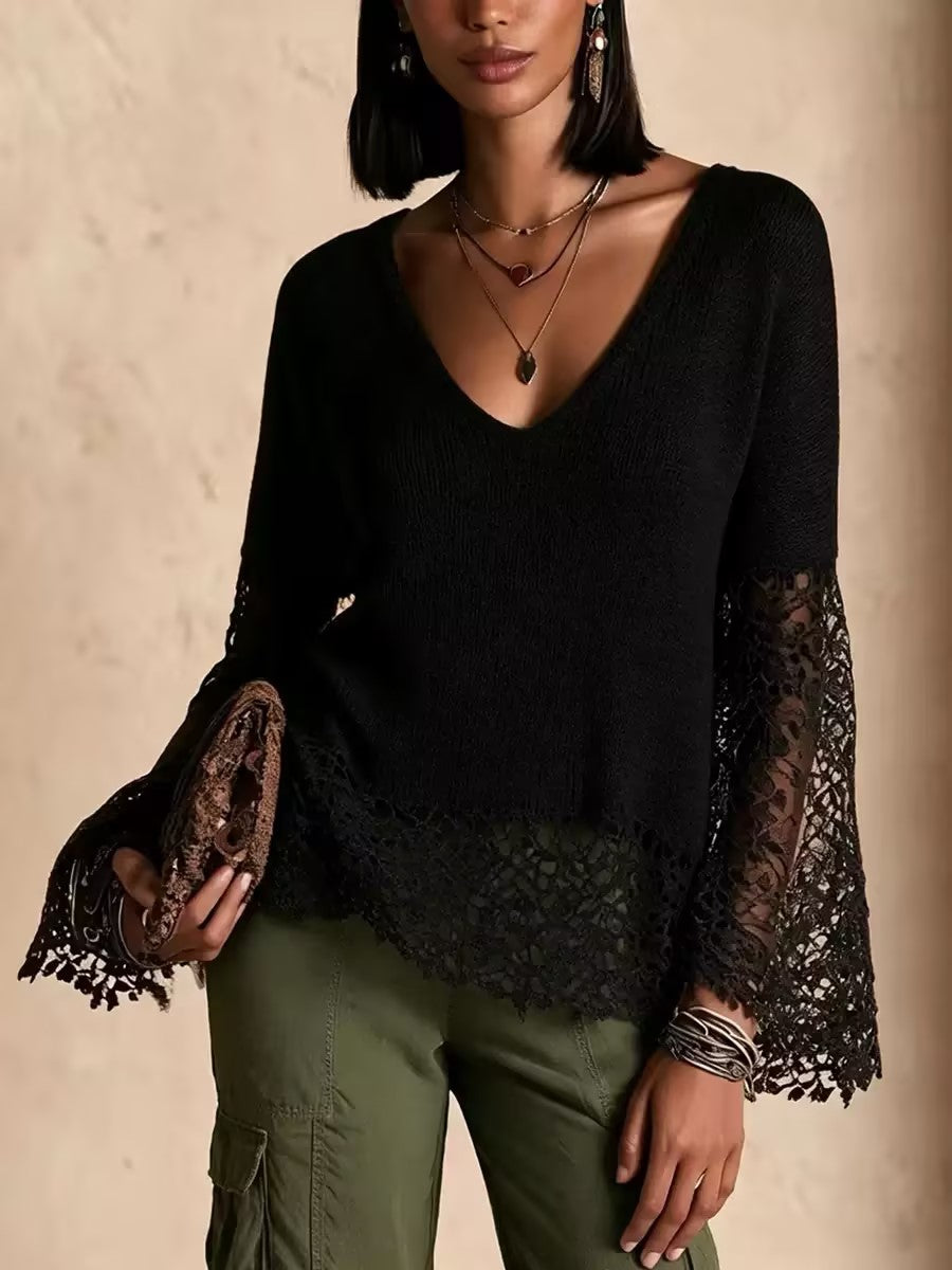Lace Panel Bohemian Bell Sleeve Sweater