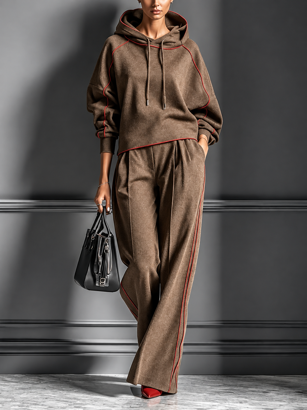 Contrast Piping Hoodie Wide-Leg Two-Piece Set