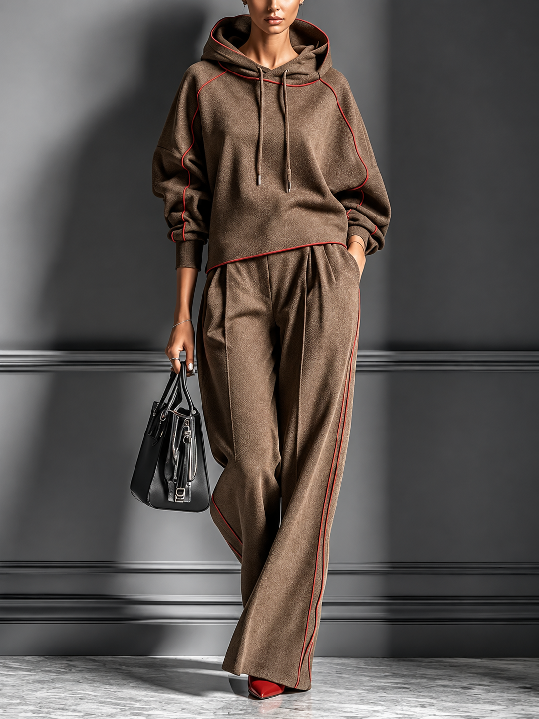Contrast Piping Hoodie Wide-Leg Two-Piece Set