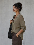 Minimalist Pointelle Half-Zip Long-Sleeve Sweater