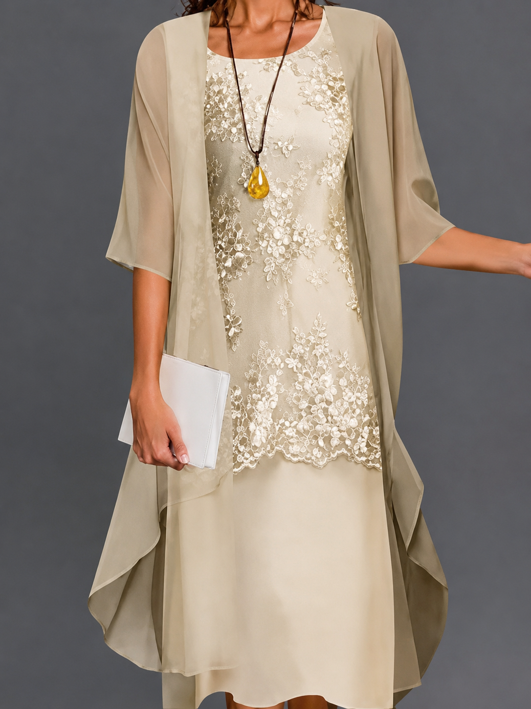 Lace Midi Dress with Chiffon Jacket – two-Piece Set
