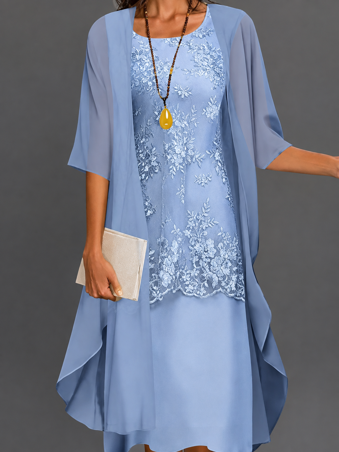 Lace Midi Dress with Chiffon Jacket – two-Piece Set