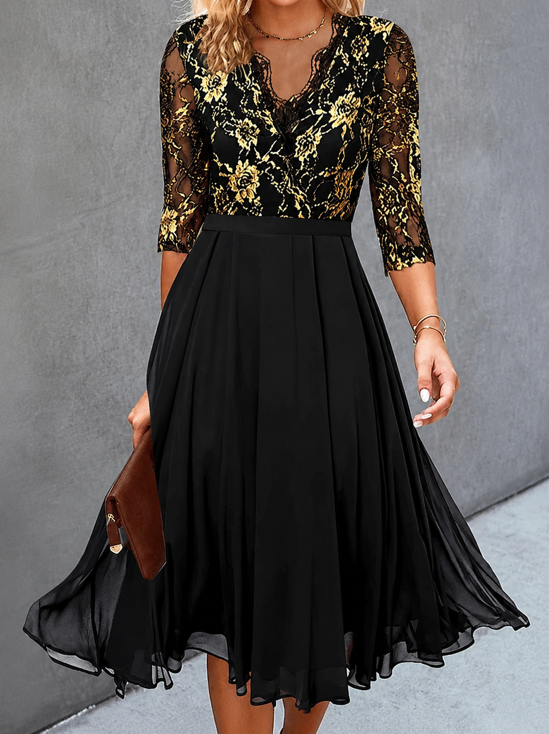 Black Lace Floral Embroidery V-Neck 3/4 Sleeve Elegant Midi Dress