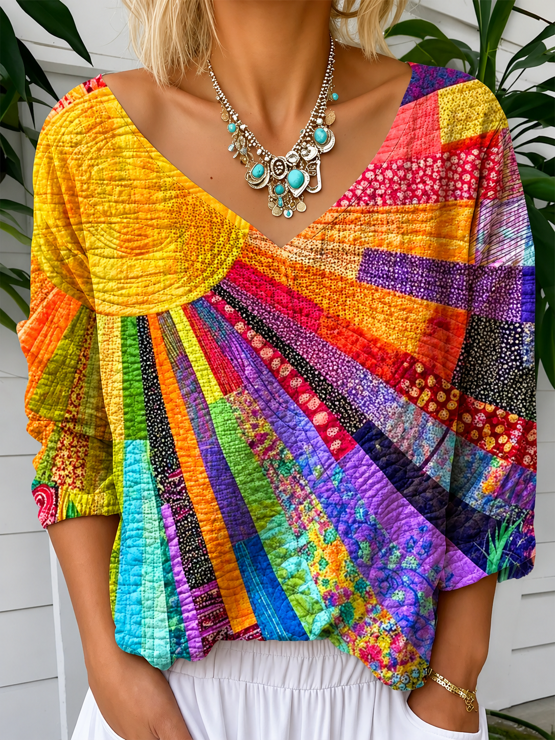 Colorful Patchwork V-Neck Half Sleeve Relaxed Blouse