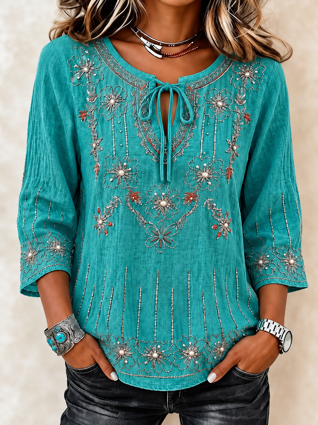Floral Embroidered Split V-Neck 3/4 Sleeve Blouse