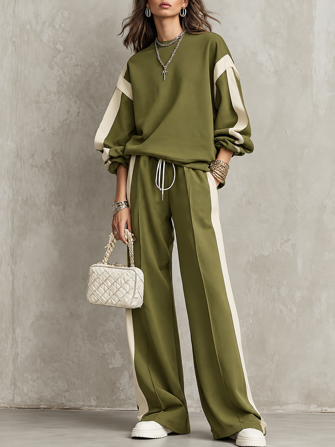 Contrast-Stripe Wide-Leg Two-Piece Set