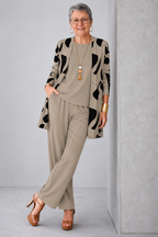Elegant Printed Cardigan & Wide-Leg Pants 3-Piece Set
