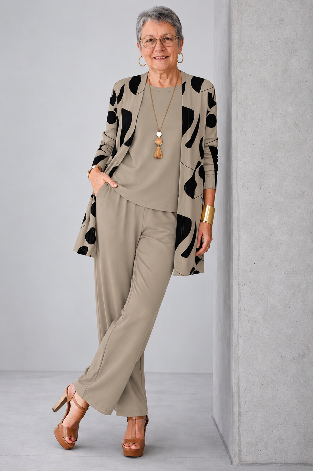 Elegant Printed Cardigan & Wide-Leg Pants 3-Piece Set