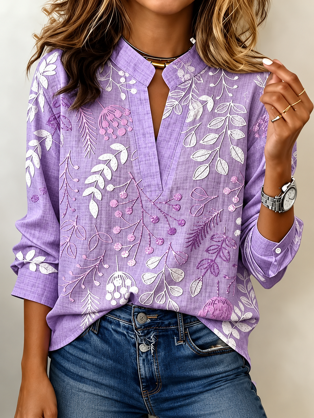 Vintage Botanical Print V-Neck Long Sleeve Blouse