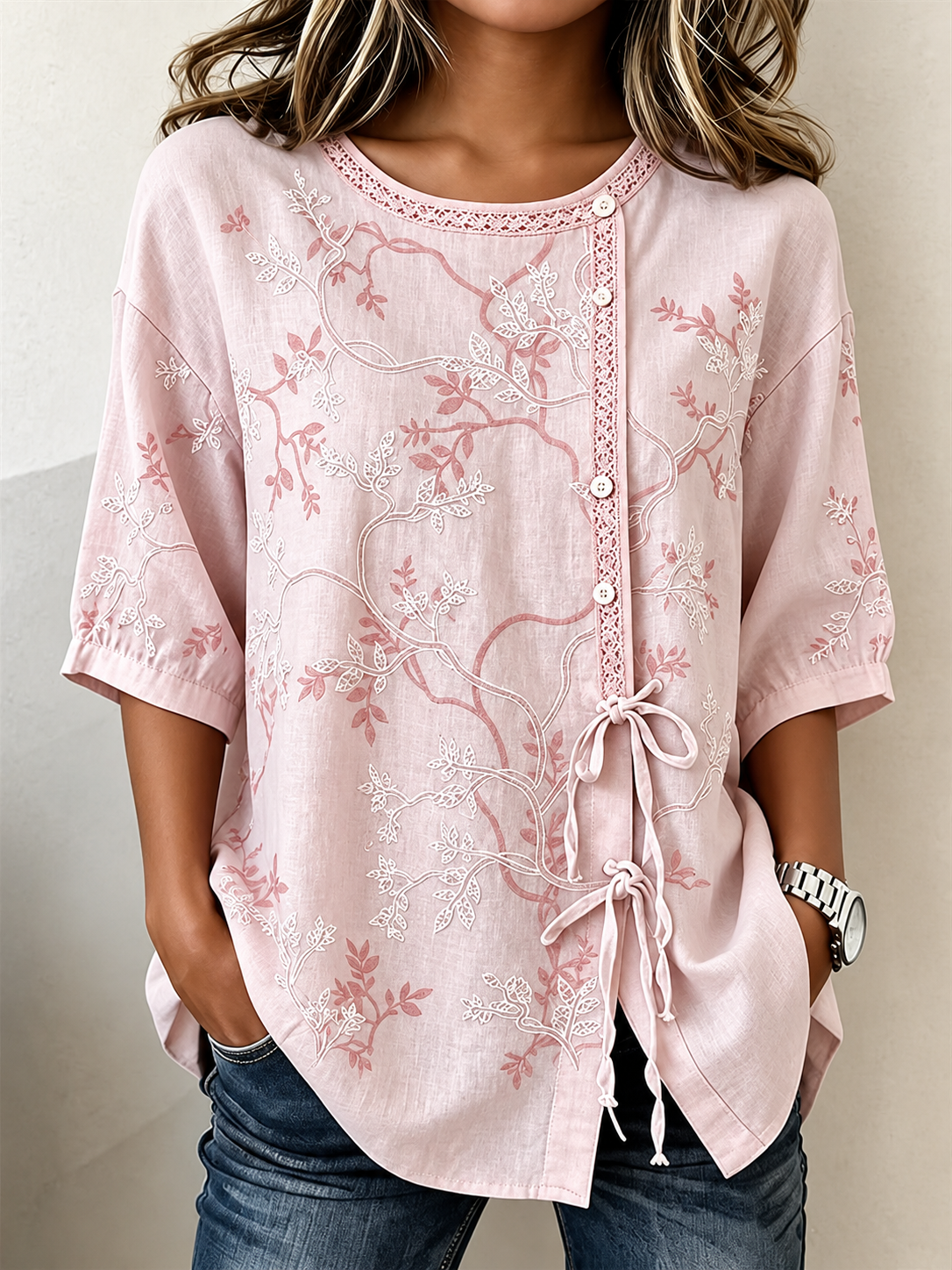 Floral Embroidery Lace-Trim Half Sleeve Blouse