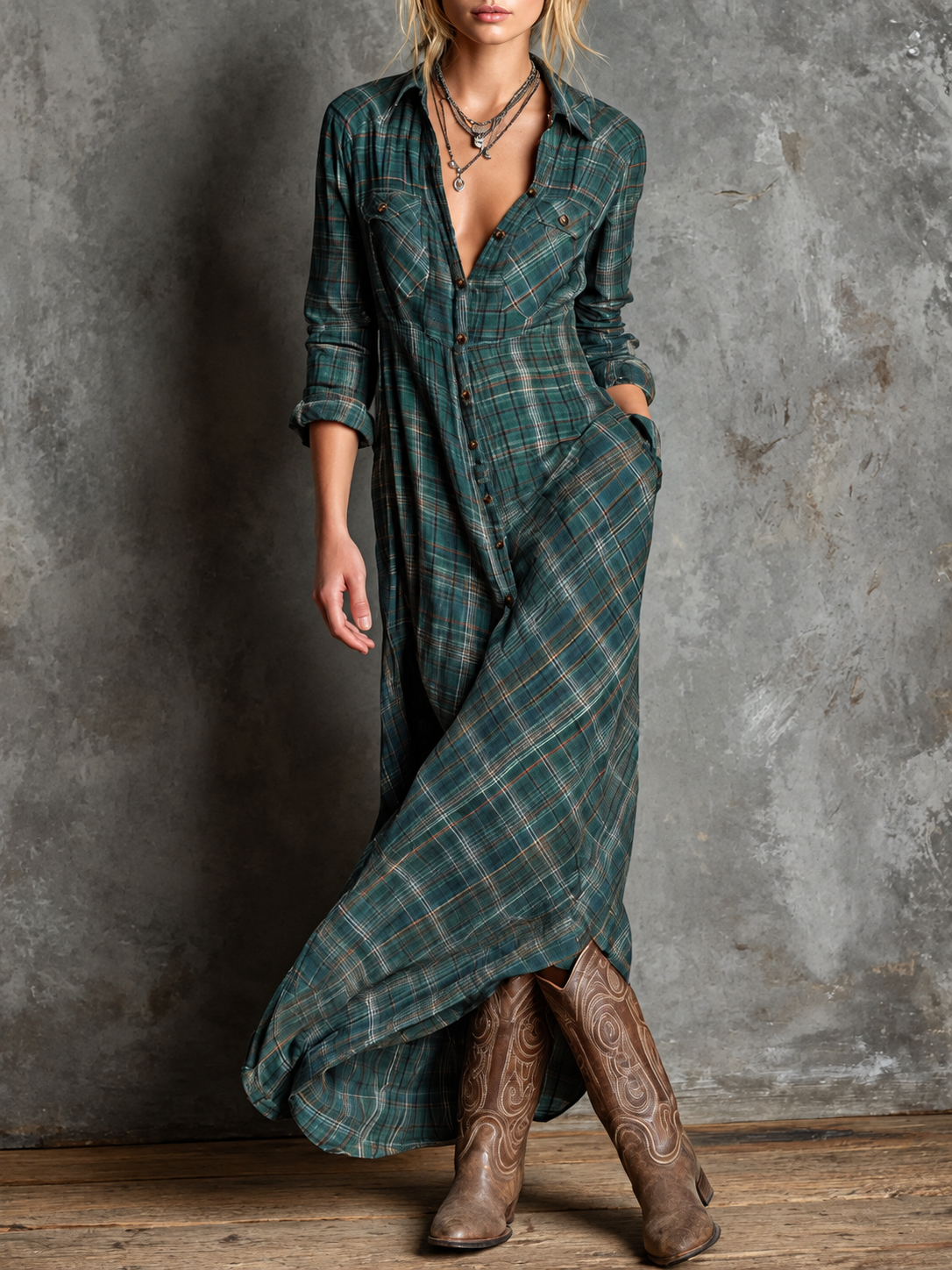 Long Plaid Button-Front Shirt Dress