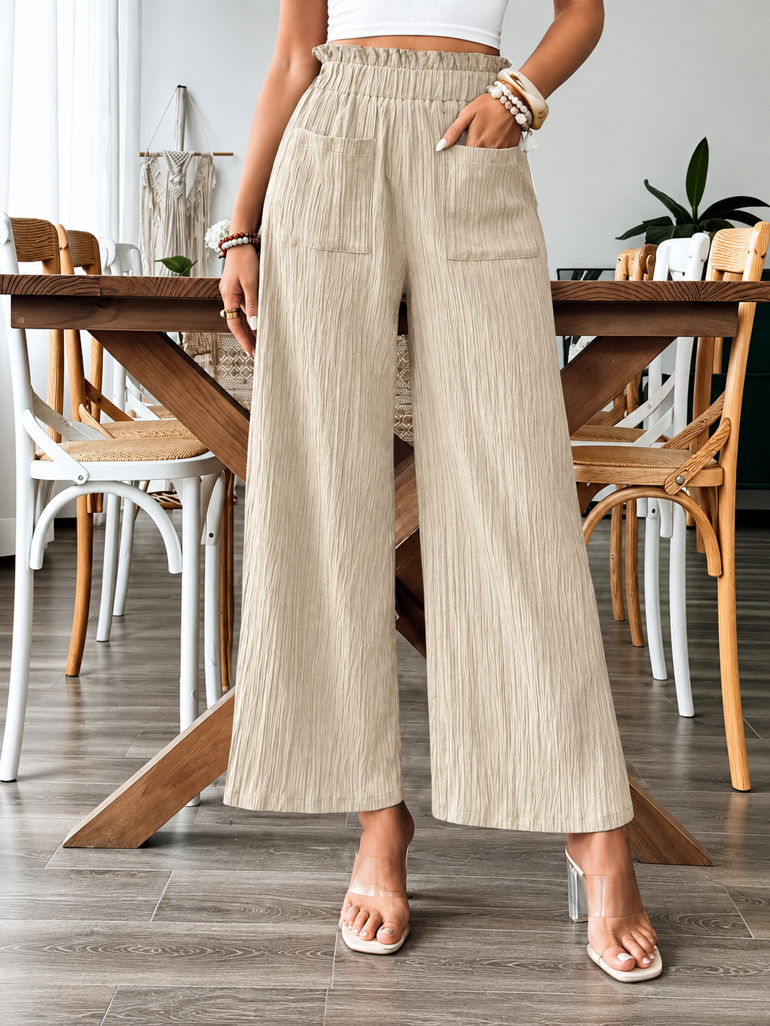 Textured Pleated Wide-Leg Pants with Pockets