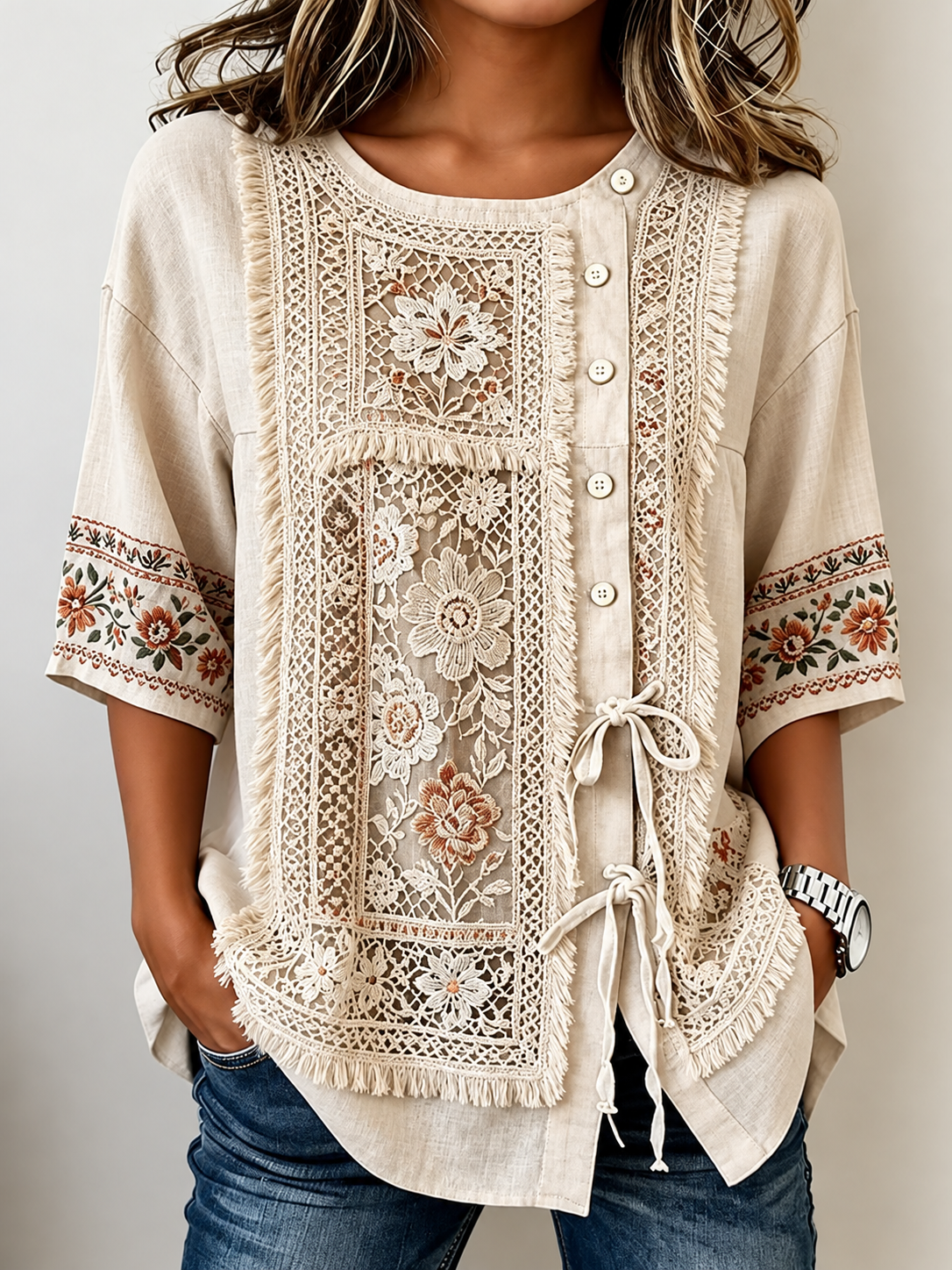 Beige Floral Lace Fringe Round Neck Half Sleeve Drawstring Blouse