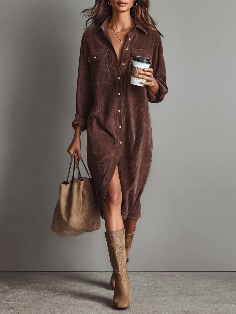 Corduroy Button-Front Midi Shirt Dress with Pockets