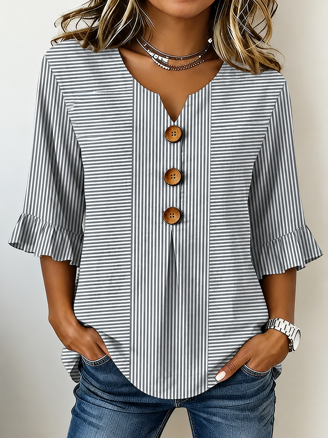 Casual V Neck 3/4 Sleeve Striped Print Blouse