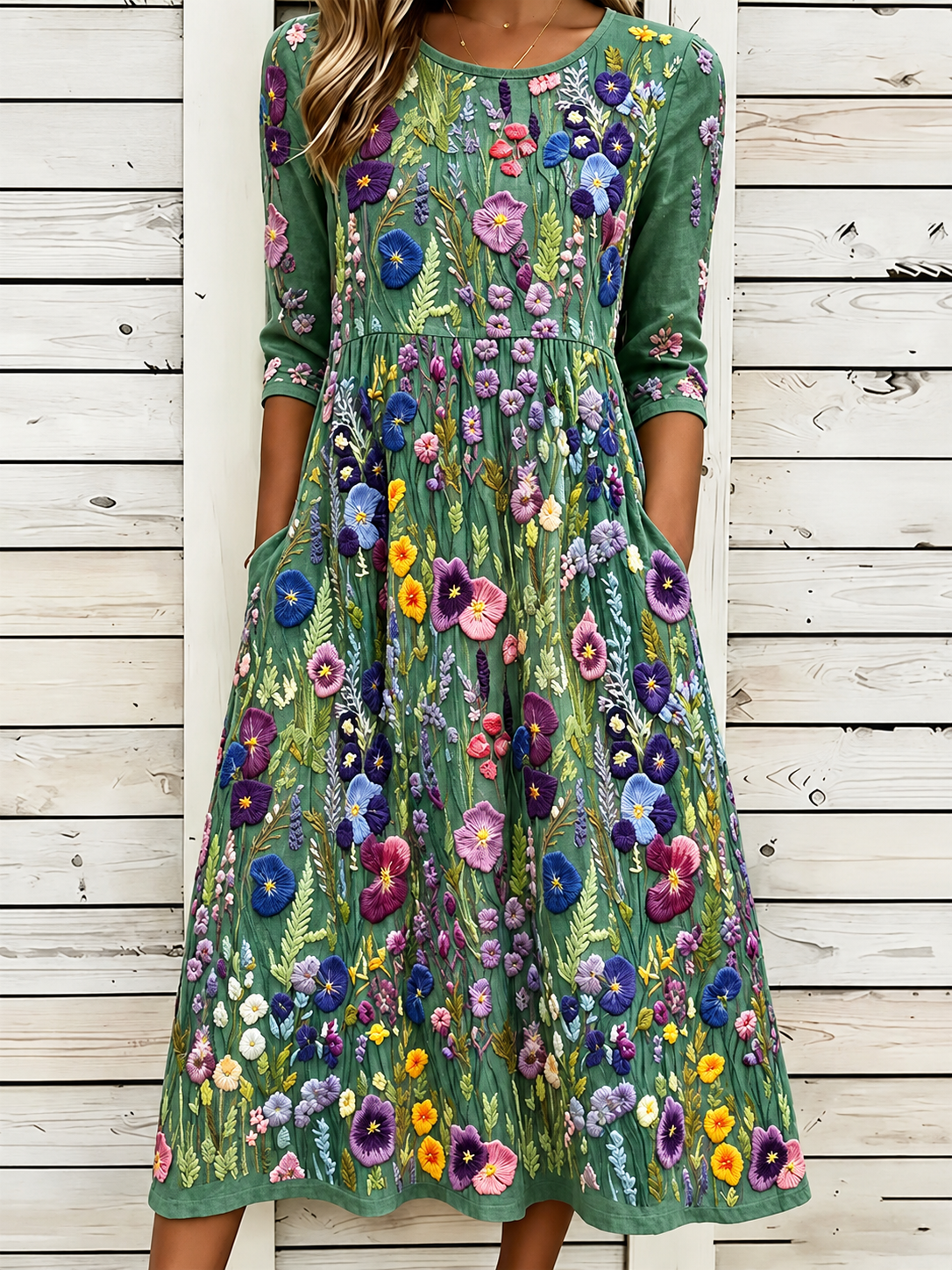 Green Multi Floral Embroidered Round Neck 3/4 Sleeve Midi Dress