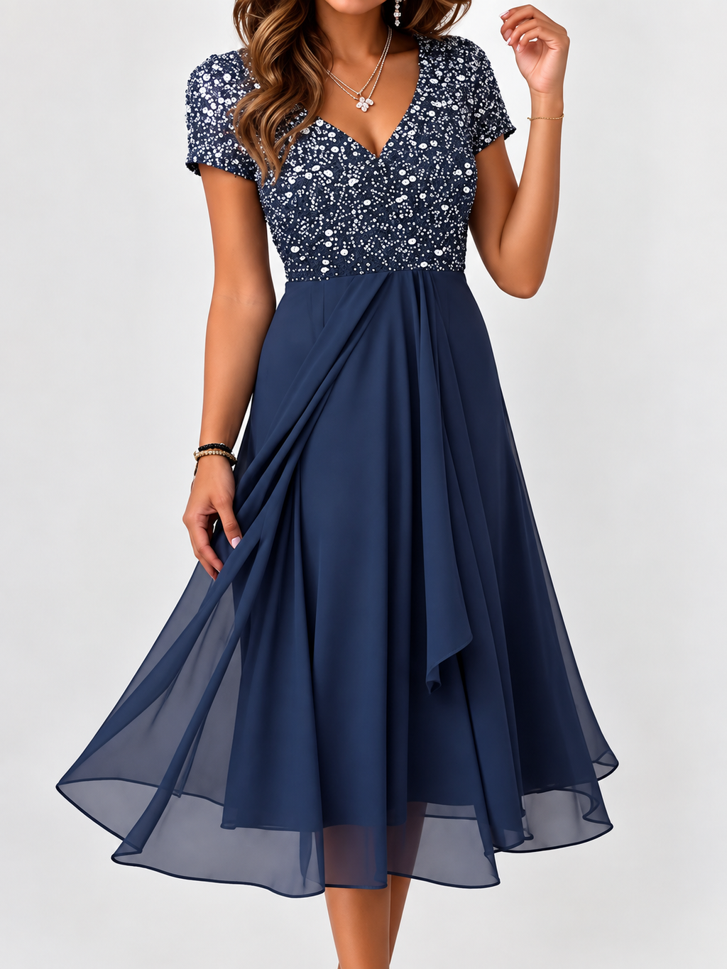 Stylish Blue V-Neck Short Sleeve Midi Dress