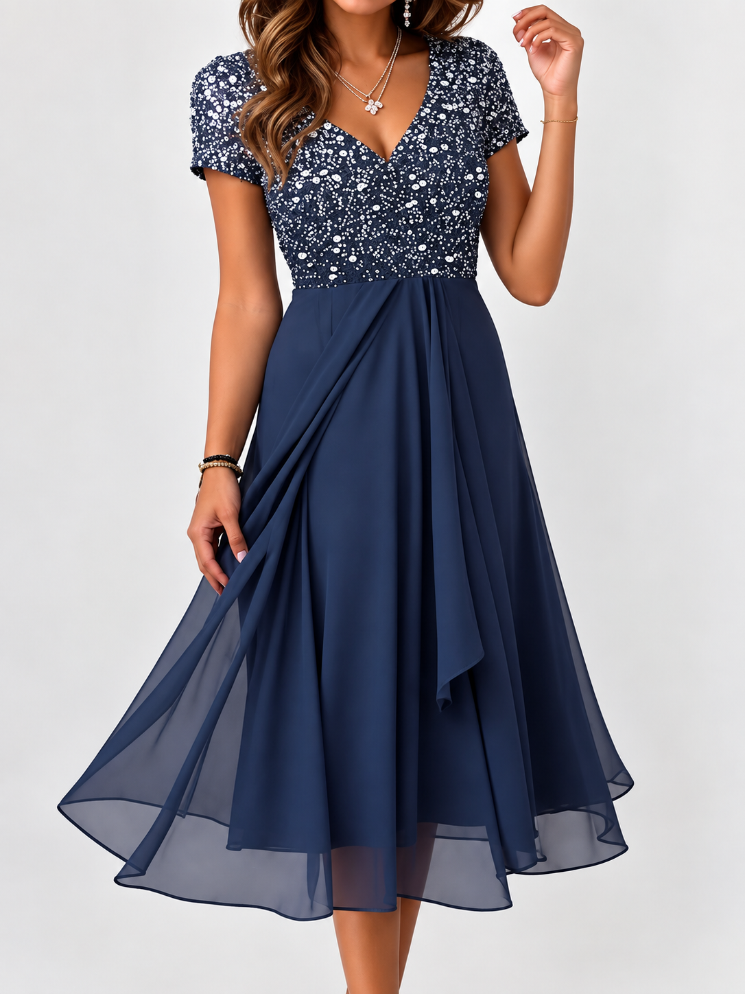 Stylish Blue V-Neck Short Sleeve Midi Dress