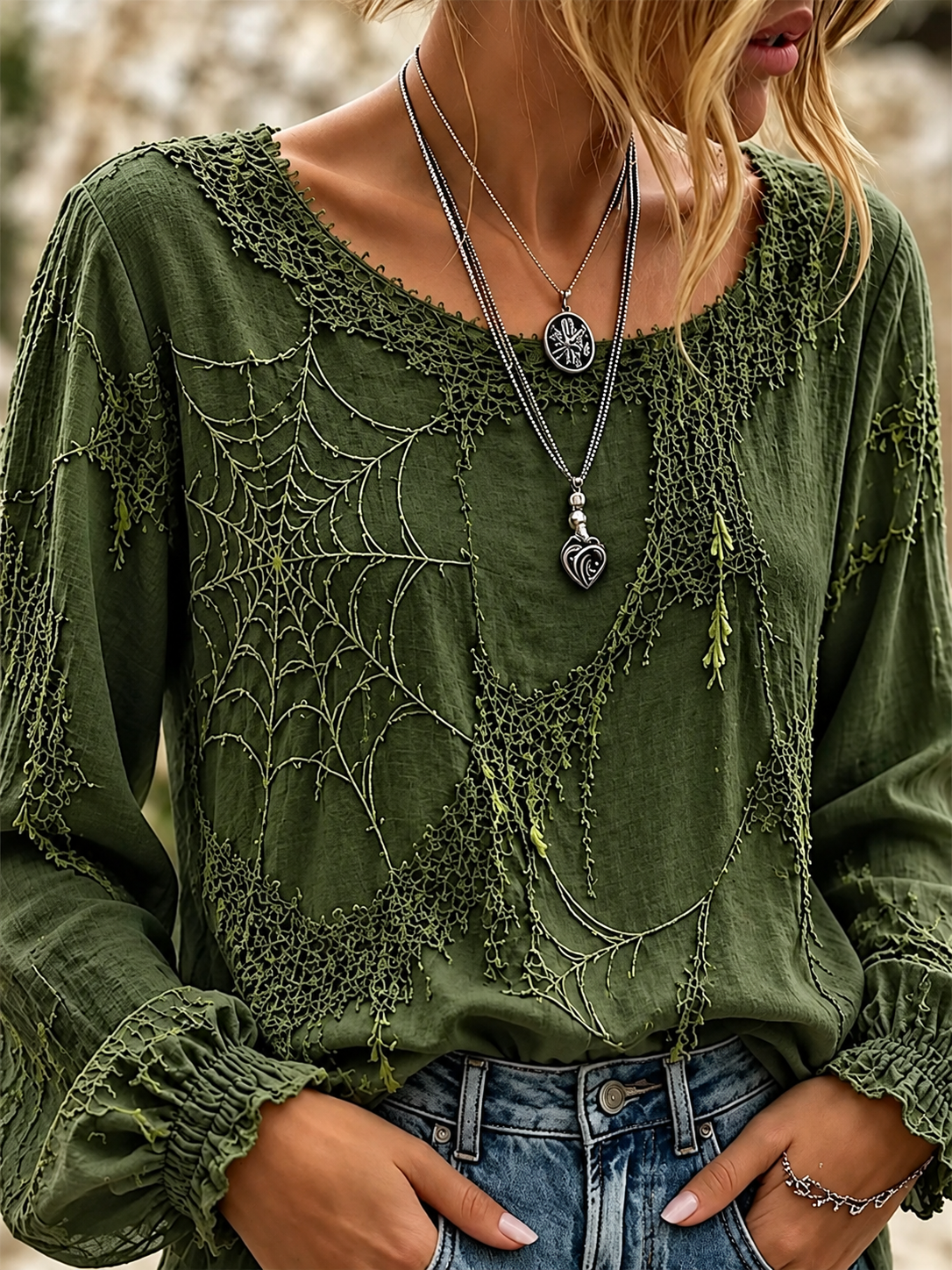 Halloween Green Spider Web Print Round Neck Long Sleeve Blouse