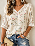 Floral Embroidery V-Neck Lace-Trim Blouse