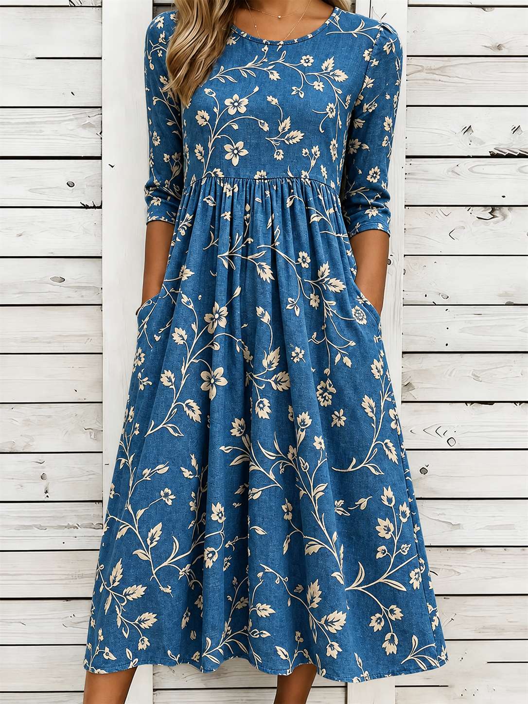 Blue Vine Floral Print 3/4 Sleeve Midi Dress