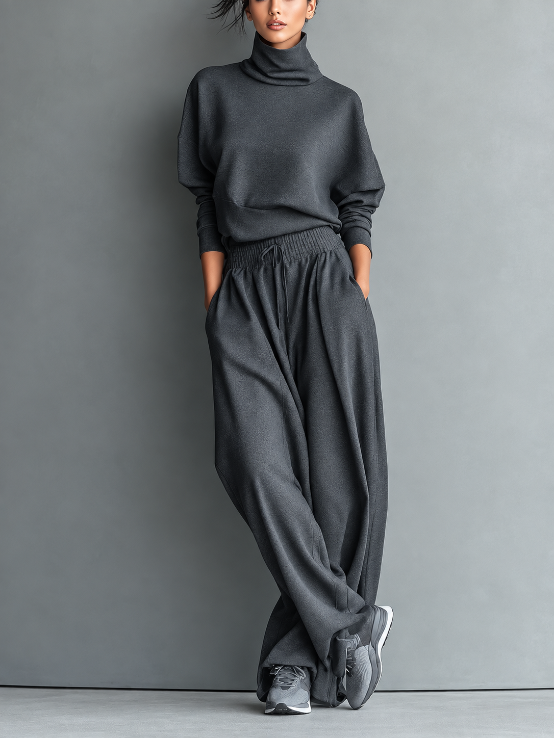 Knit Set with High Neck and Wide Leg Pants