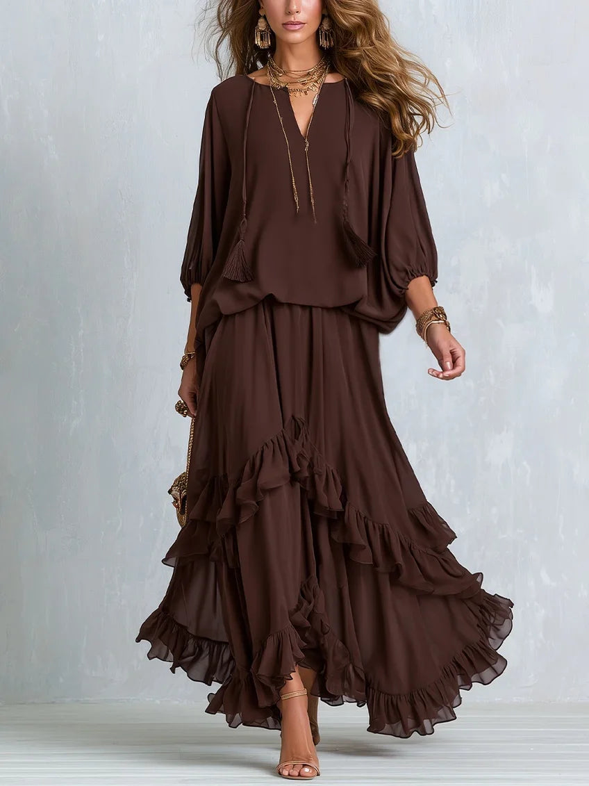 Chiffon Fringe Top & Flared Maxi Skirt -2- Piece Set
