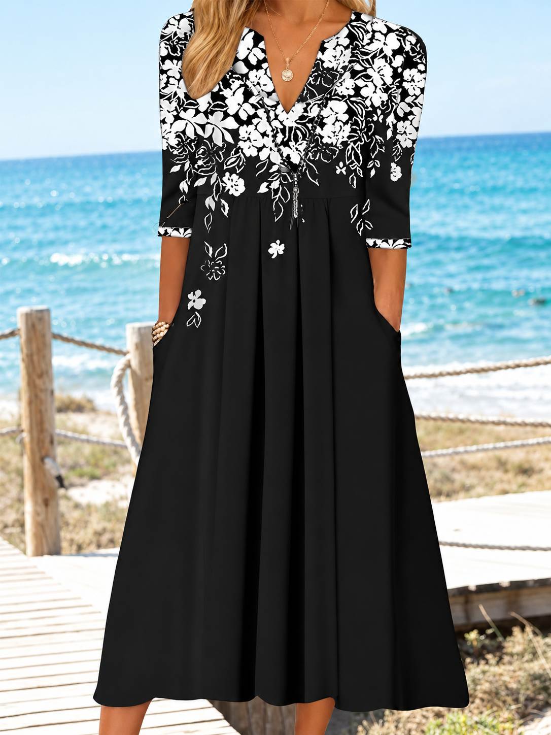Floral Print V-Neck Relaxed Midi Dress