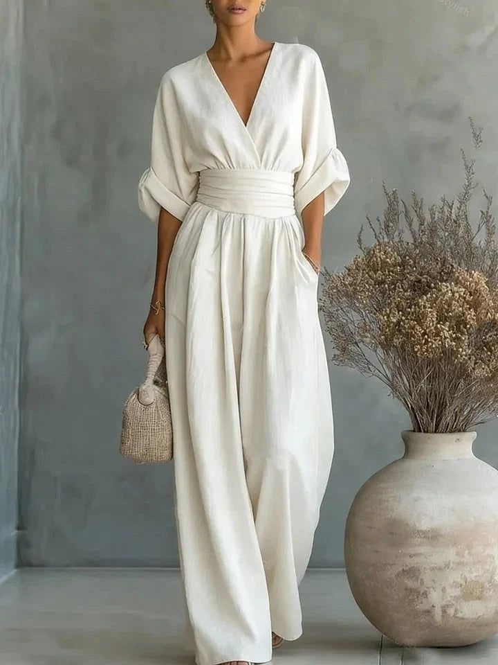 Boho Wide-Leg High-Waist V-Neck Jumpsuit