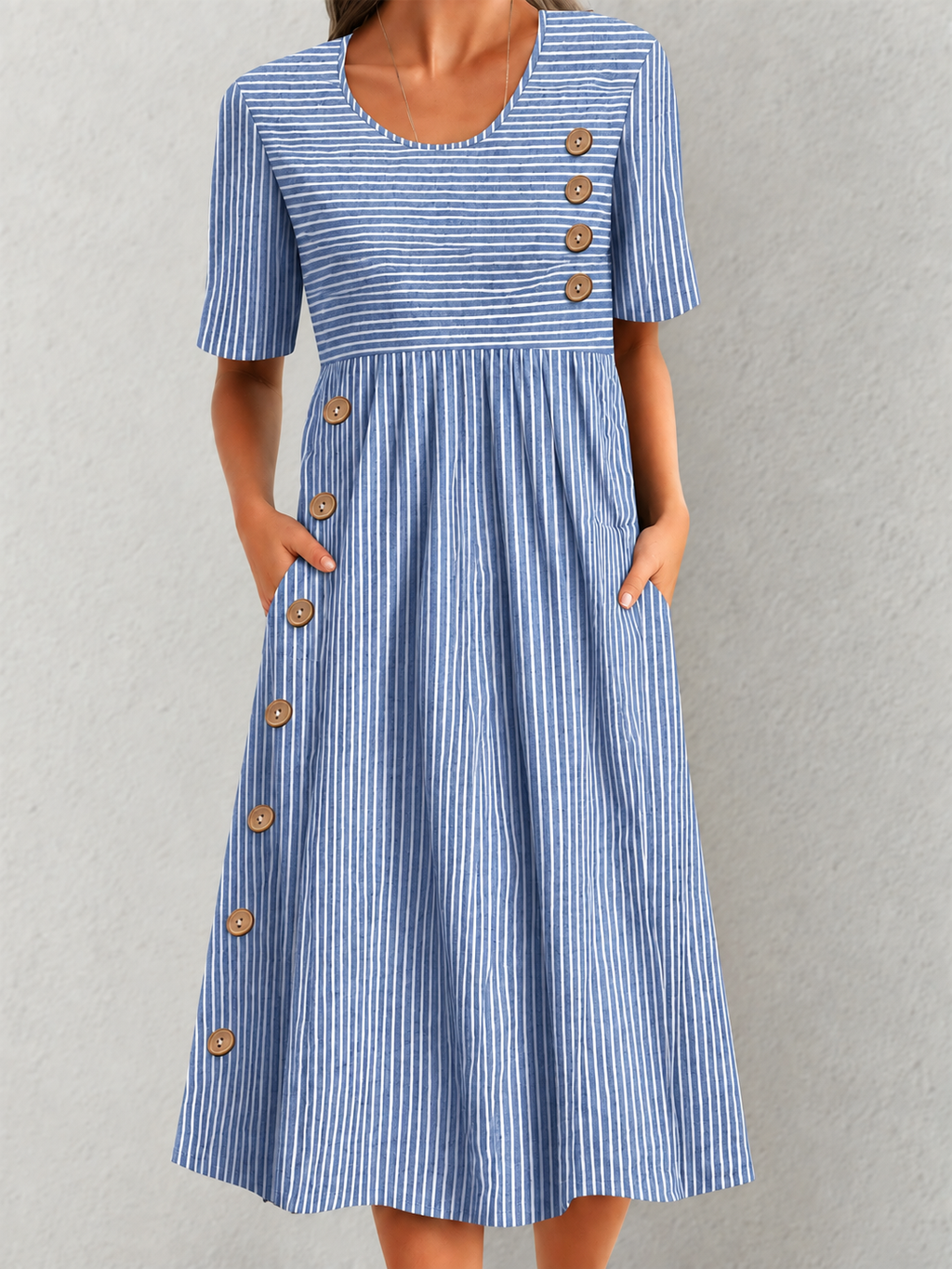 Striped Short Sleeve Midi Dress with Button Detail & Side Pockets
