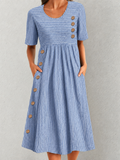 Striped Short Sleeve Midi Dress with Button Detail & Side Pockets
