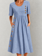 Striped Short Sleeve Midi Dress with Button Detail & Side Pockets