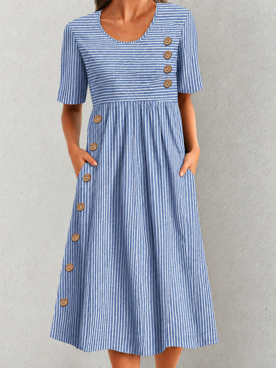 Striped Short Sleeve Midi Dress with Button Detail & Side Pockets