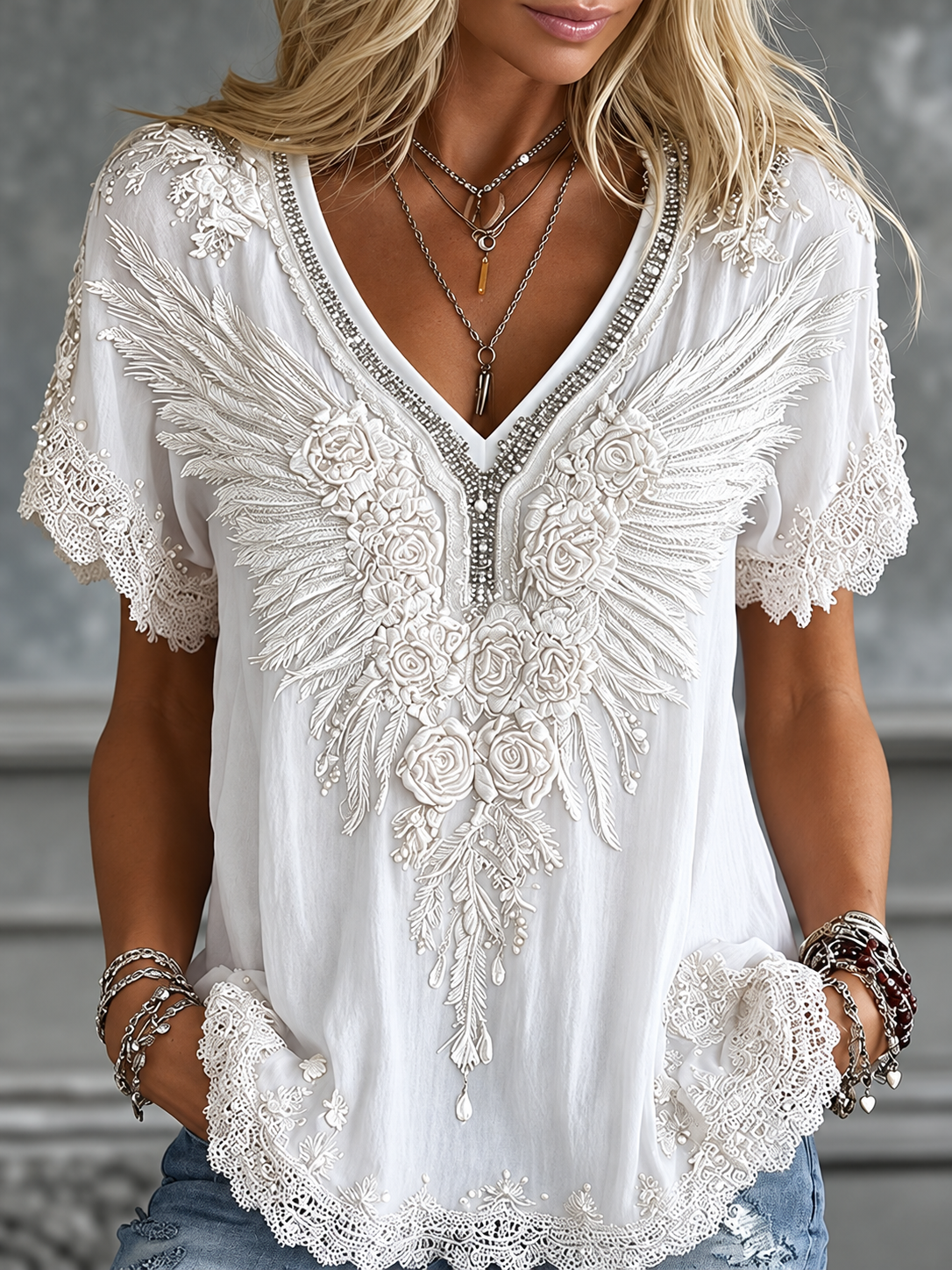 Floral Embroidered Rhinestone V-Neck Lace-Trim Blouse