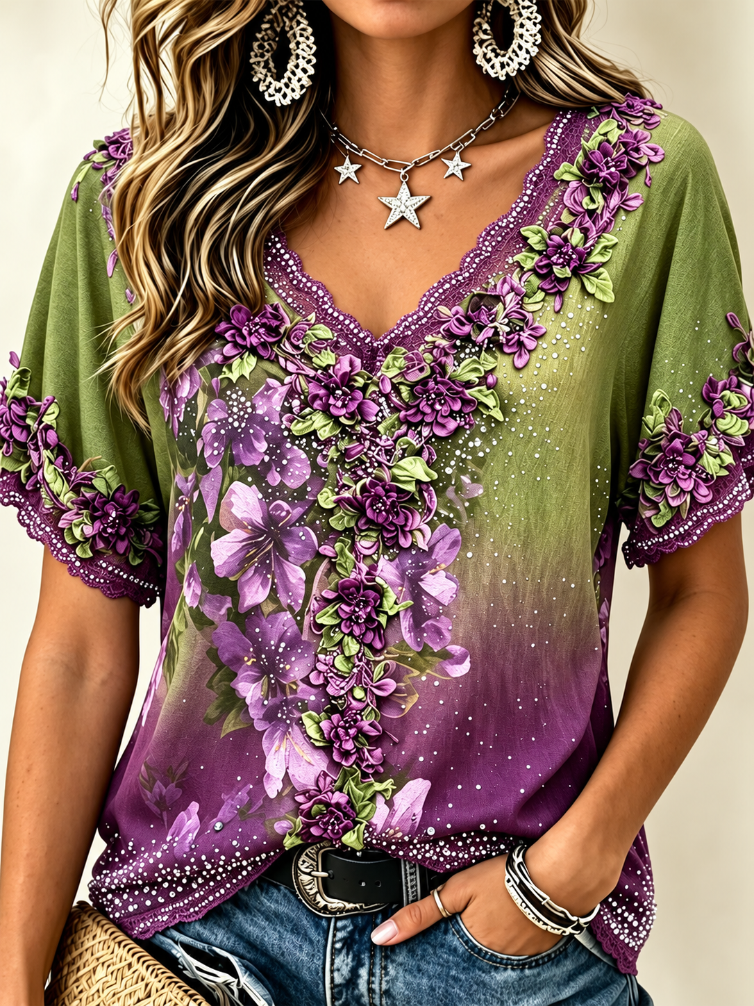 Floral Embroidered Rhinestone Lace-Trim V-Neck Blouse